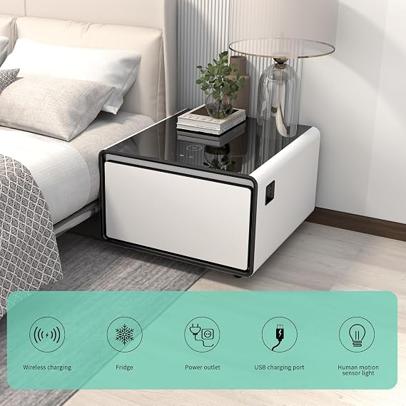 Generic Modern Smart Side Table with Built in Fridge, Wireless Charging, Temperature Control, Power Socket, USB Interface, Outlet Protection, Induction Light, White