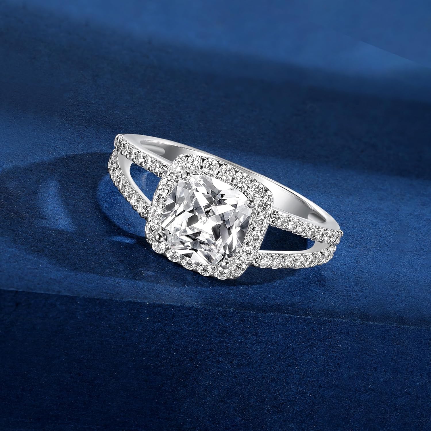 MDFUN 18K White Gold Plated Cubic Zirconia Square Halo Wedding Engagement Promise Eternity Ring for Women - Image 4