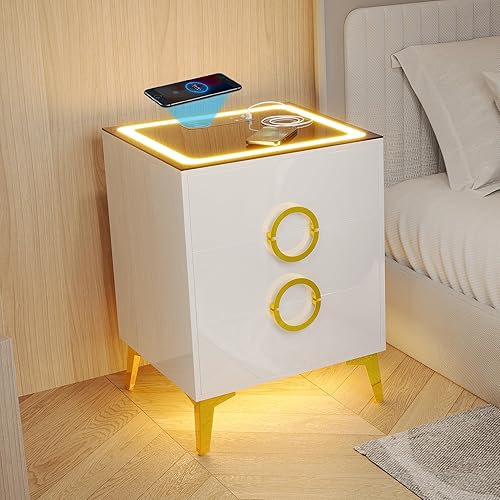 Miniatura 8 de dnbss Juego de 2 mesitas de noche negras con estación de carga, mesita de noche LED con luces RGB de 24 colores, mesita de noche inteligente