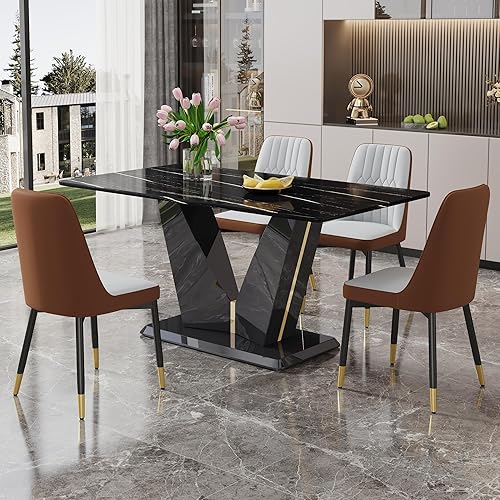 Miniatura 10 de Sillas de Comedor Modernas 6 - Juego de mesa de comedor de mármol para 6, 7 piezas, color blanco, juego de mesa de cocina de mármol de 63 pulgadas