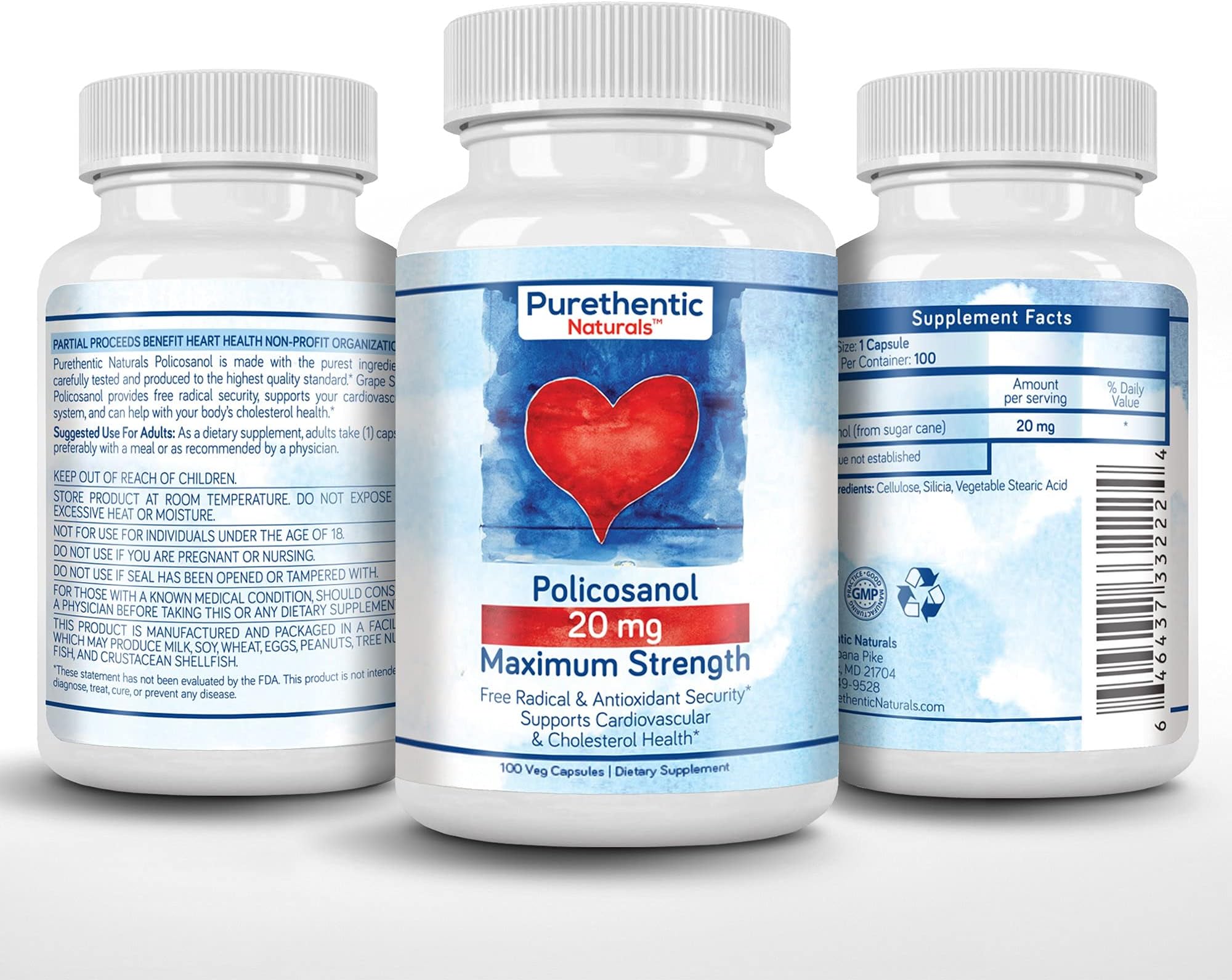 Purethentic Naturals Policosanol for Cholesterol Health Support, 20 MG, 100 Vcaps, (3 Pack)