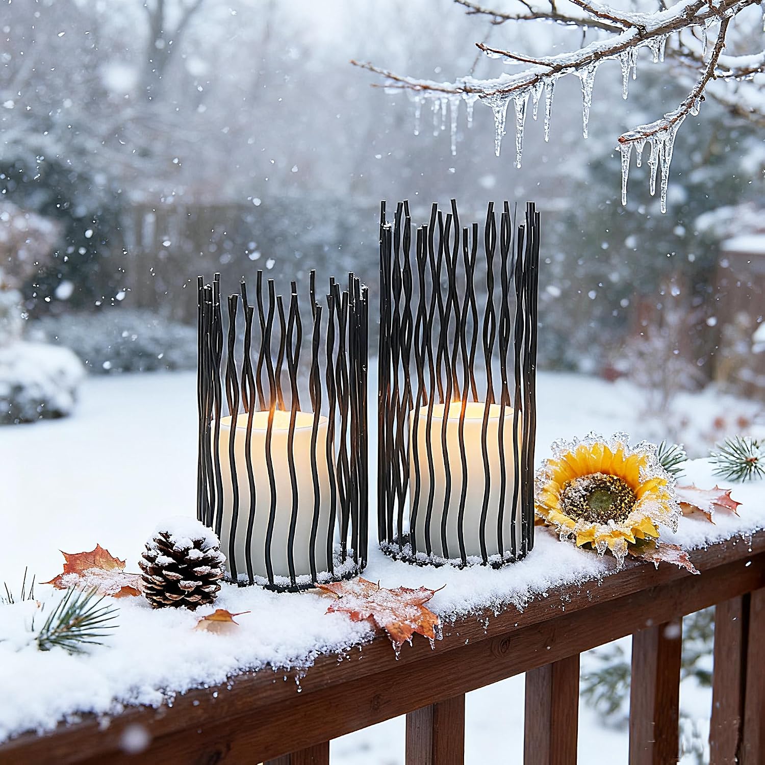 8 & 10inches Height Versatile Farmhouse Black Metal Iron Wire Willow Candle Holders with Led Waterproof Candles, Cage Candlestick Holders for Pillar Candle & Plants, Home Décor (Black)