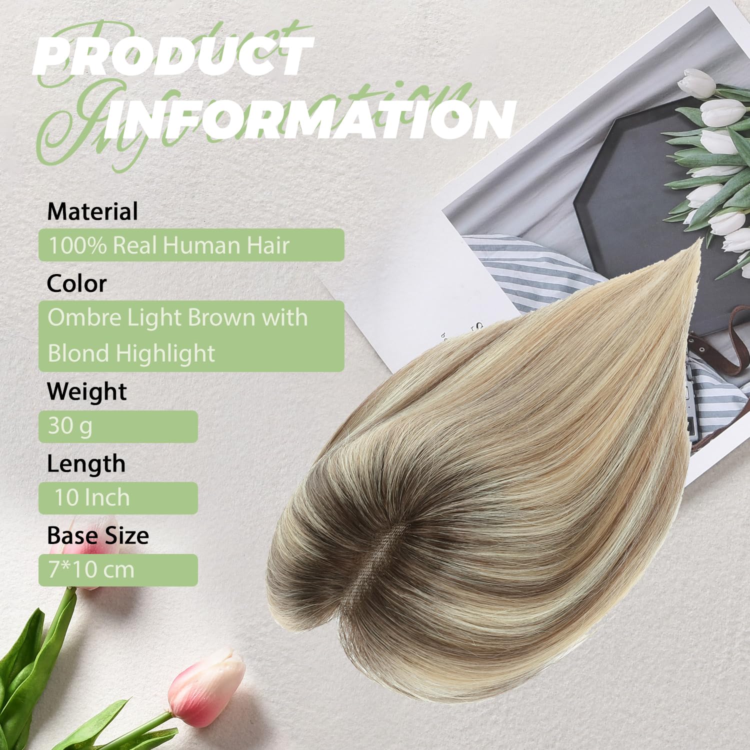 Hair Toppers for Women Real Human Hair 10Inch Human Hair Topper 7x10CM Swiss Base Middle Part Clip in Topper Hairr Pieces for Women Ombre Light Brown with Blond