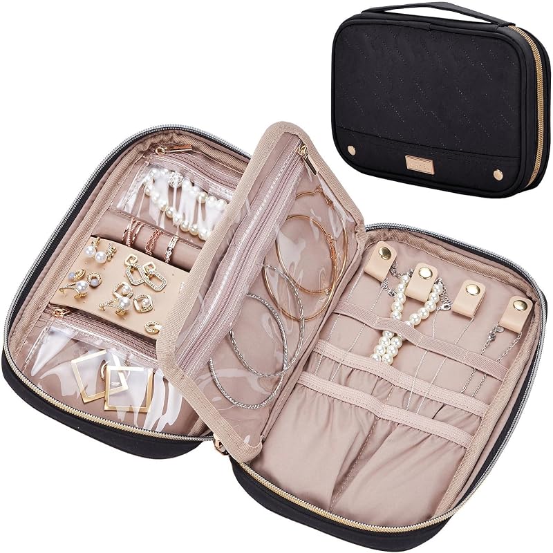 NISHEL Travel Jewelry Case Organizer, Tangle-Free Necklace Storage Bag | Stores rings, earrings, bracelets and watches in a compact case for travel, vacations and daily use, Black, Medium