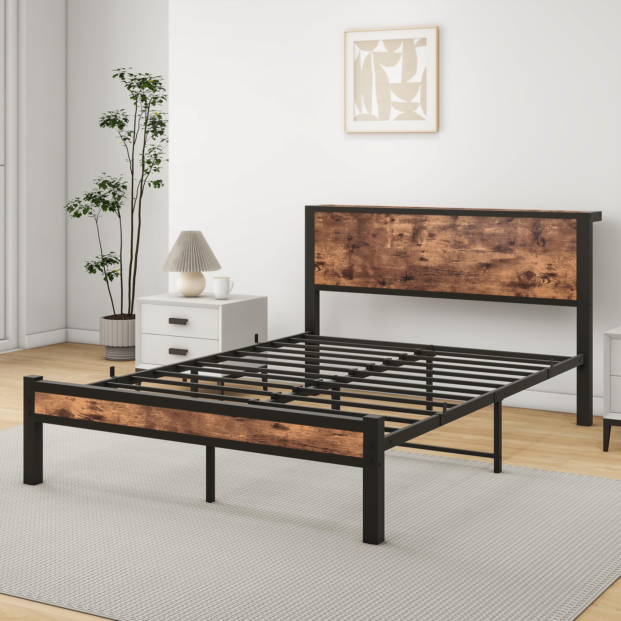 HOMERECOMMEND Rama łóżka 140 x 200, łóżko podwójne 140 x 200 cm, stelaż z metalu, łóżko dla gości do małych pomieszczeń, kolor czarny i brązowy
