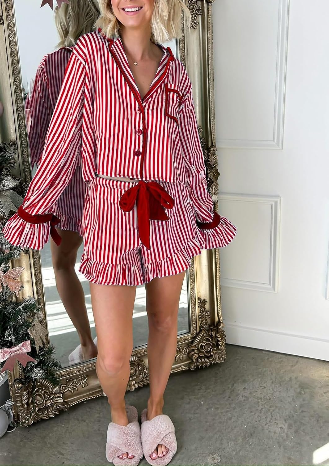 Faretumiya Women Striped Christmas Pajamas Velvet Bow Tie Pjs Long Sleeve Button Shirt Ruffle Shorts Satin Pj Set Sleepwear - Image 3