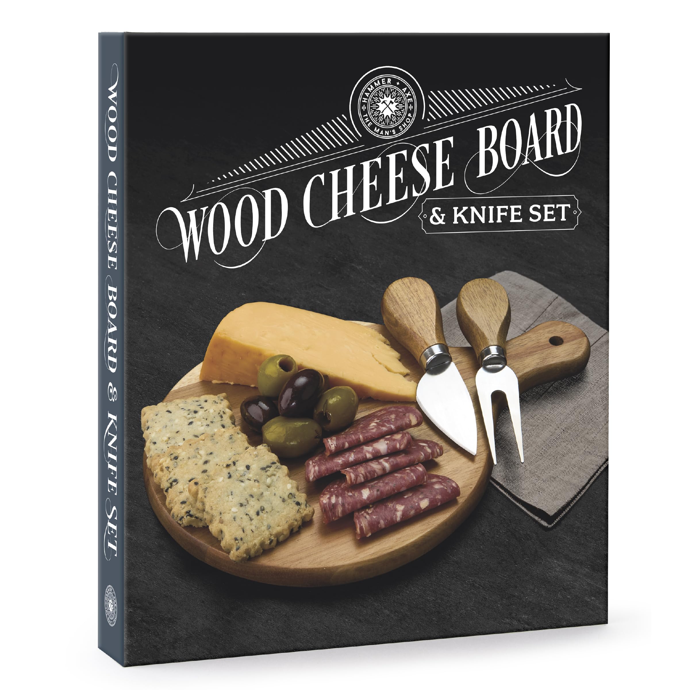 Hammer + Axe™ Planche à fromage et couteaux en bois d'acacia avec boîte à livres décorative – Parfait pour la charcuterie, les accords de vin et le service élégant | Cadeau de pendaison de crémaillère