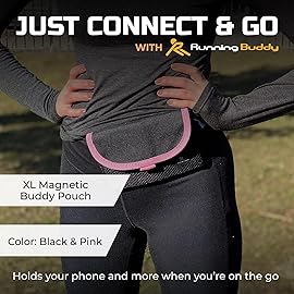 Running Buddy Magnetic Fanny Pack - Water-Resistant Belt Bag - Secure Magnetic Closure Waist Pack - Phone Belt Holder & Headphone Port - XL 6.8 x 4 in, Black/Pink