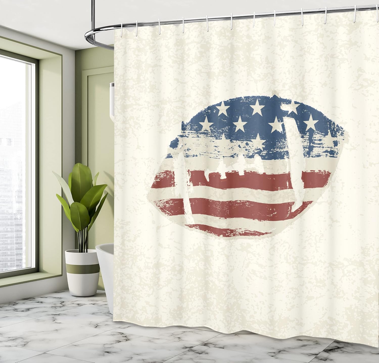 Ambesonne Sports Shower Curtain, Grunge American Flag Themed Stitched Rugby Ball Vintage Design Football Theme, Cloth Fabric Bathroom Decor Set with Hooks, 69" W x 70" L, Cream Blue Red