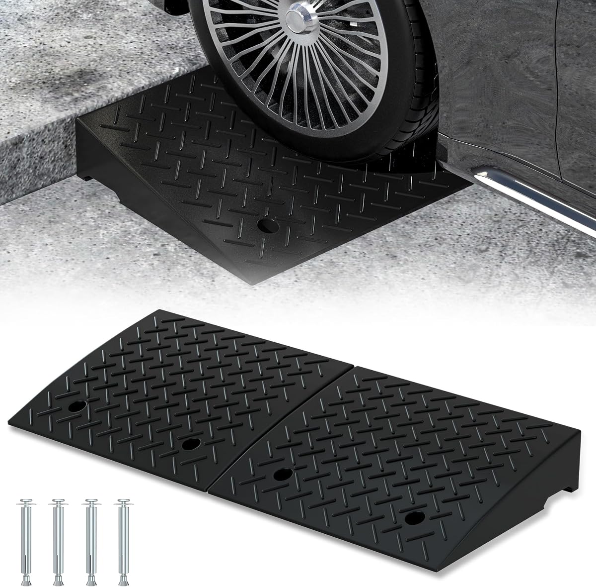2 PCS Rubber Curb Ramps,4.2" Rise Height,5T Capacity Threshold Ramps for Loading Dock,Driveway Curb Ramp,Curbside Vehicle Ramp for Cars SUV Trucks Motorcycles Forklift Wheelchairs Lawn Mower