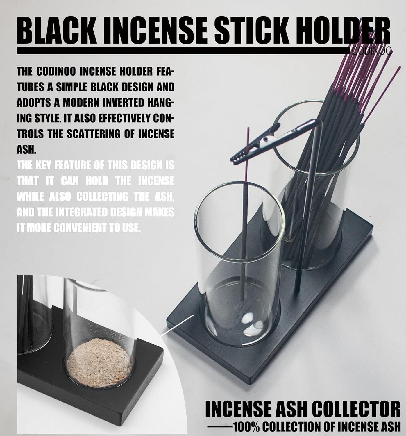 2 in 1 Incense Holder for Sticks Incense Burner Holder with Storage,Glass Upside Down Incense Holder for Sticks with Glass Ash Catcher for Meditation Yoga Spa Room Home Decor[2 Long Black] image 4
