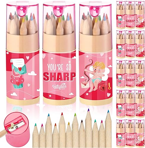 Skyygemm Paquete de 20 lápices de colores de San Valentín con sacapuntas en tubo, regalo de fiesta del día de San Valentín para niños, mini lápices
