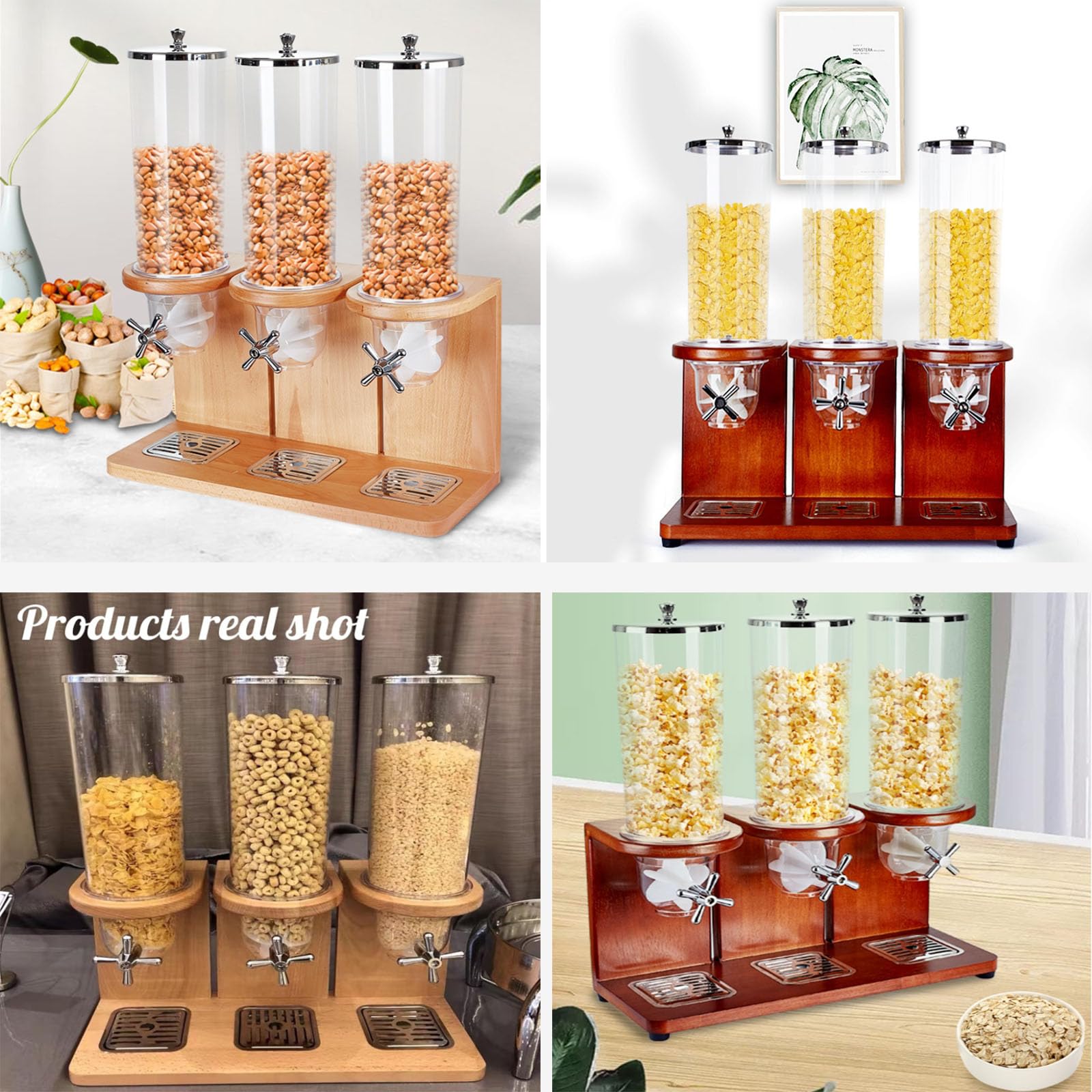 Dispenser per cereali in bambù, 3,5 l/7 l/10,5 l, contenitore per cereali da appoggio, con barile in PC e base in legno, dispenser per alimenti secchi, per riso, fagioli, noci