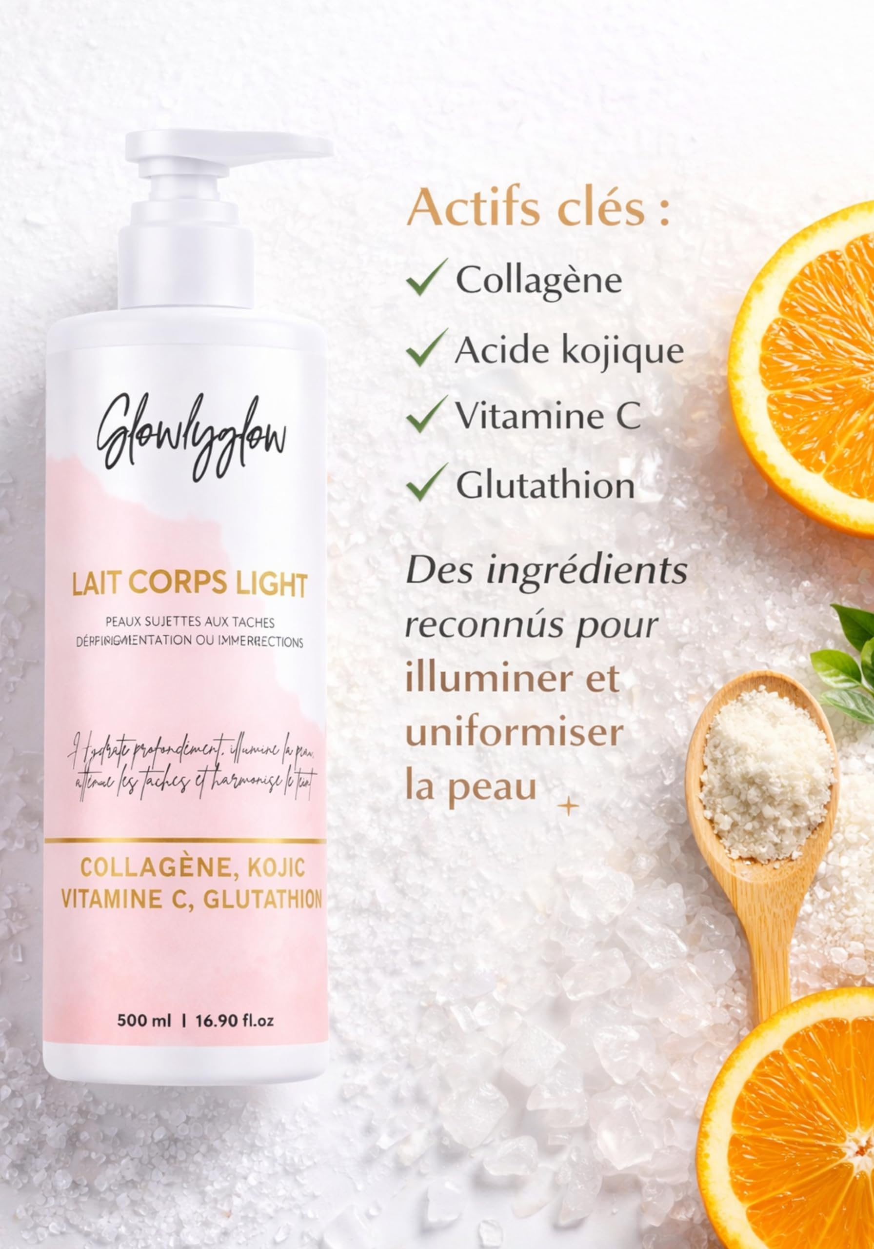 Lait Corps Light – Lait Éclaircissant 500 ml – Glutathion, Vitamine C, Acide Kojique & Niacinamide – Hydratant Corps, Anti-taches, Teint Lumineux & Uniformisé