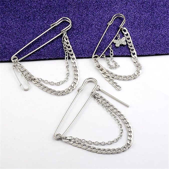 coadipress Hanging Long Chain Brooch Pin for Men Women Fashion Retro Silver Butterfly Bar Pins Safety Pin Punk Cool Chains Sweater Shawl Collar Coat Brooches Pin for Girls