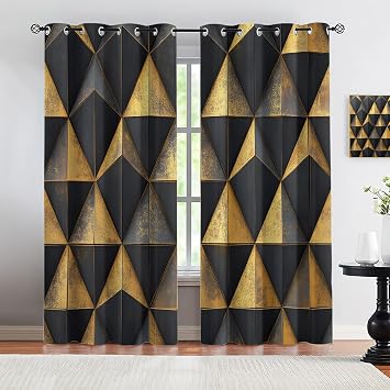 Geometric Curtains for Living Room & Home Decor, Black and Gold Blackout Curtains for Bedroom, Abstract Grommet Curtain 84 Inch Long 2 Panels Set, Geometric