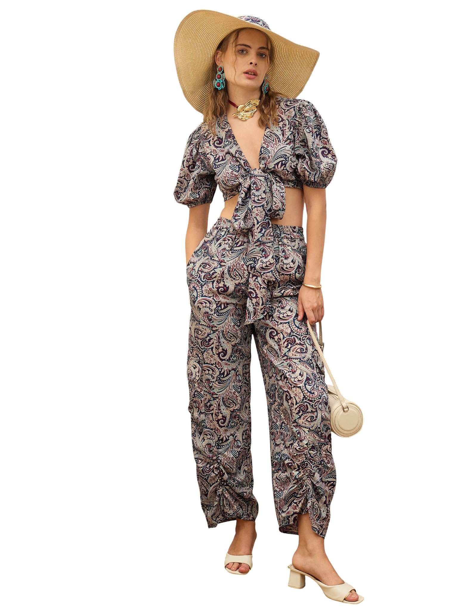 sassafras Women's Paisley Printed Crop Top with Joggers-picture-56