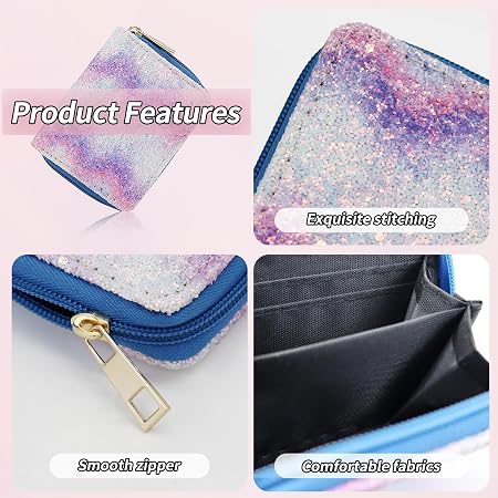 Women's PU Leather Wallet With Gradient Sequins - Cute Zipper Clutch For Cards & Cash, Pink, 11x9x2.5cm