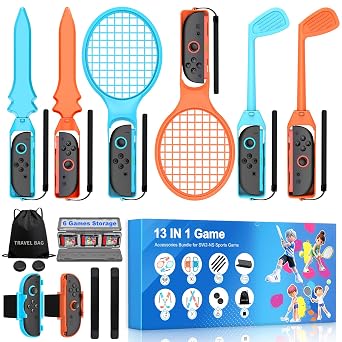 CYOYPPY Switch 2 Sports Accessories Bundle Compatible with Nintendo Switch 2 Joycon, Family Accessories Kit for Switch Sports Games, 13 in 1 Switch Sports Party Pack for Switch 2 with Leg Strap,Golf Clubs,Tennis Rackets,Sword Grips