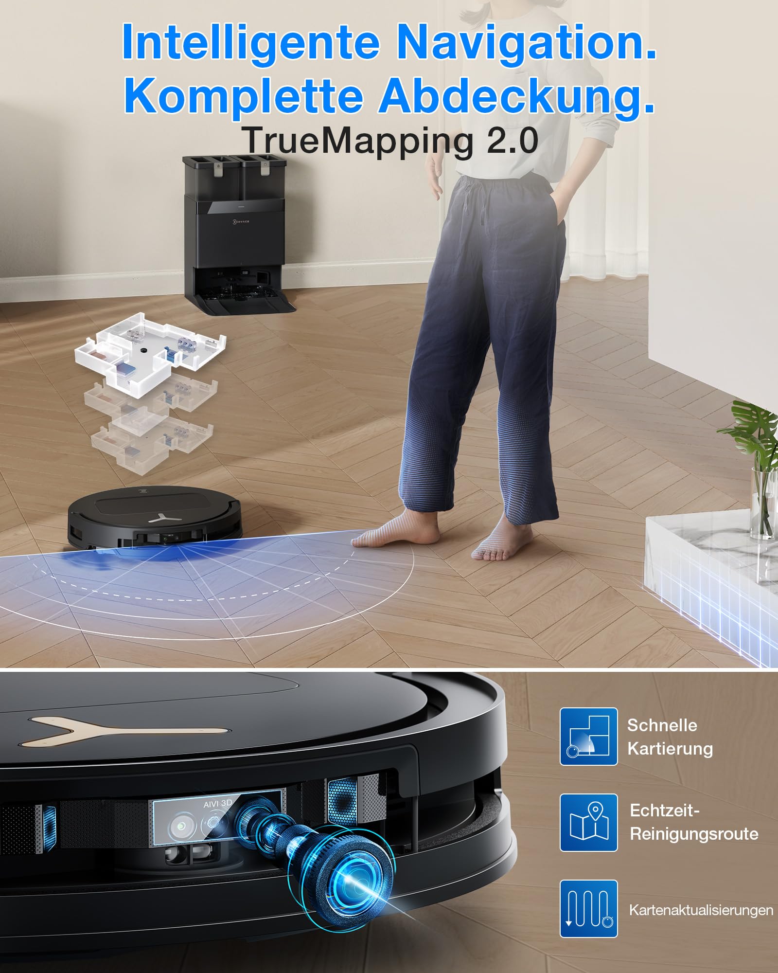 ECOVACS DEEBOT T50 PRO OMNI Gen3 Care kit Robot Aspirapolvere Lavapavimenti, Spazzola Lateral e Mocio a Estensione, 25000Pa, AIVI 3D 3.0, Detergente Automatico, Lavaggio a 75°C, Asciugatura, Nero