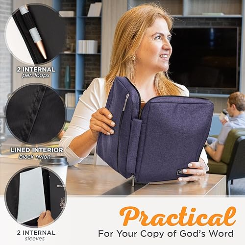 Miniatura 319 de Funda de lona para hombres y mujeres con cremallera para Biblia o libro con asa. Azul marino/Be Still