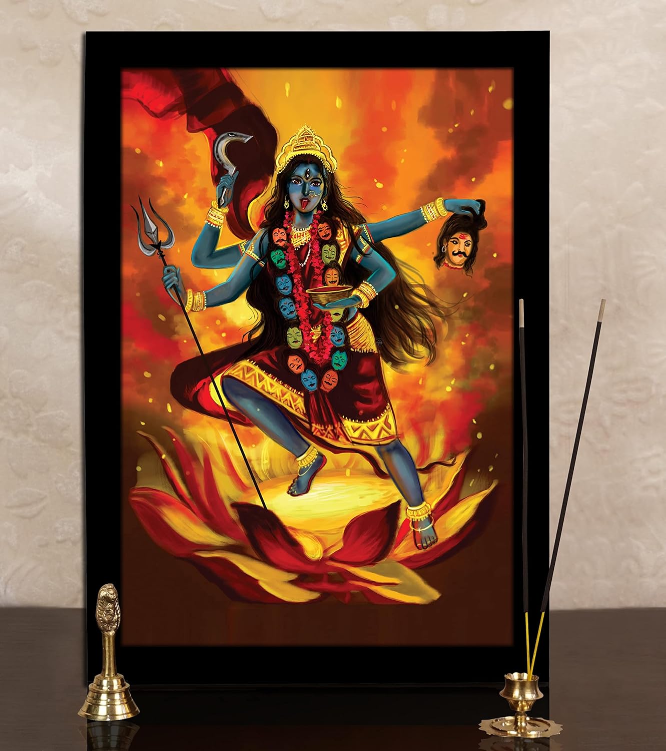 Maa Kaali On Lotus Flower Poster With Frame Wall God Photo Frame Holy Hindu Religious Poster Home Decor Ready To Hang Wooden Frame -12 x 18 Inches