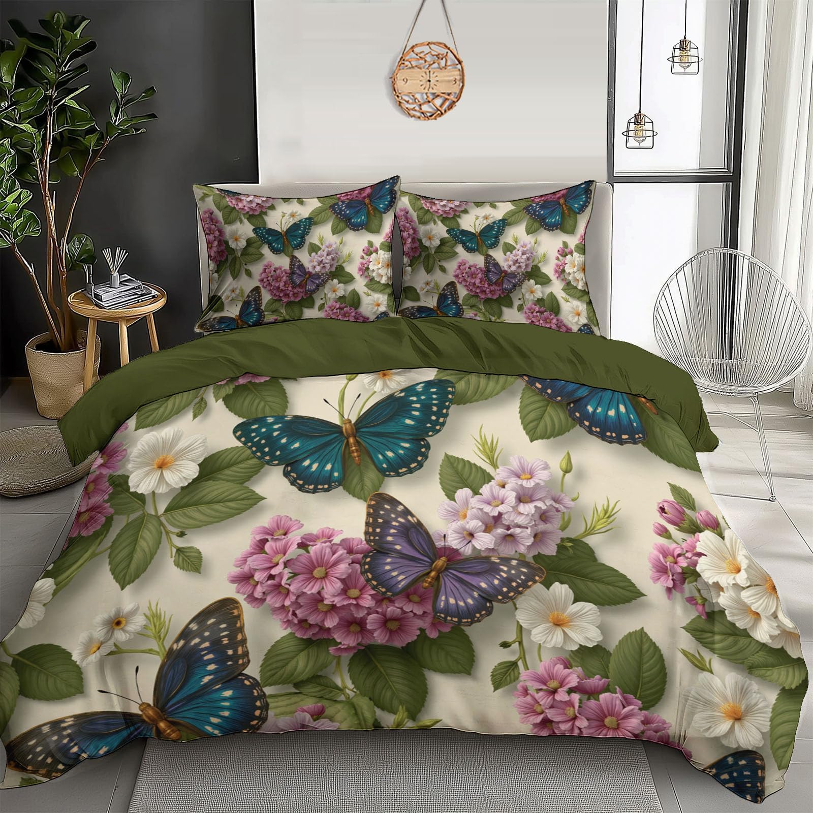 Housse de couette vintage microfibre crème imprimé papillons fleurs