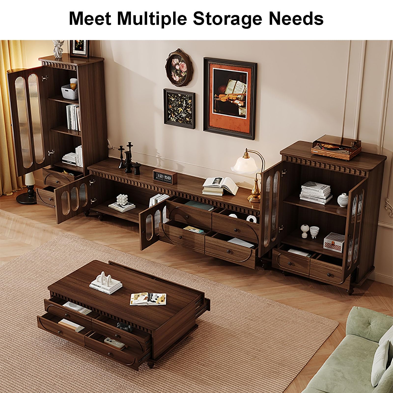 Supporto per console TV vintage con ante in legno massello di vetro Hazy da 180 cm, centro di intrattenimento per soggiorno, mobili eleganti per TV e media
