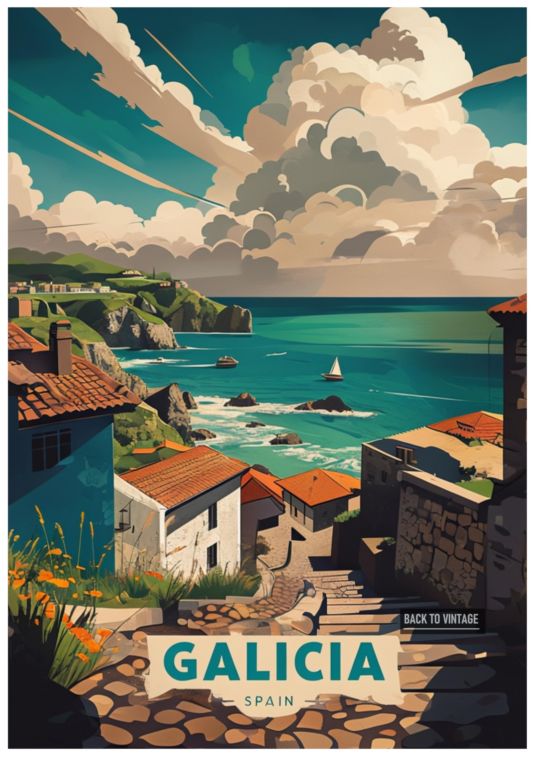 Vintage Travel Poster Illustrates Charming Coastal Town Of Galicia - Retro Europe Travel Poster A4 Size Vintage Wall Art Print of Famous European Destinations Ideal for Home or Office Decor