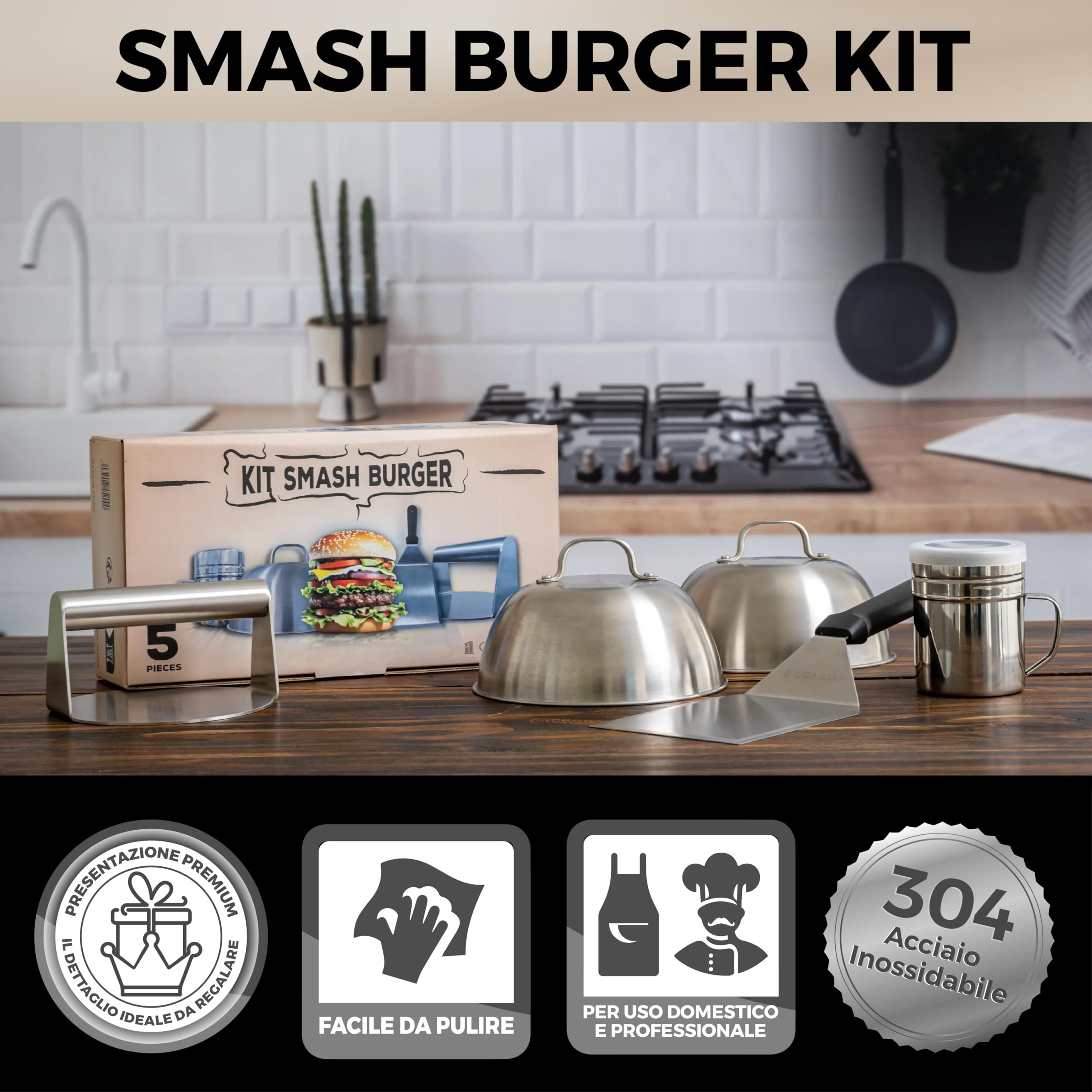 Smash Burger Press Kit – Include 1 Pressa per Hamburger, 1 Spatola, 2 Cloche per Hamburger e 1 Spargi Spezie – Certificato UE per Contatto con Alimenti