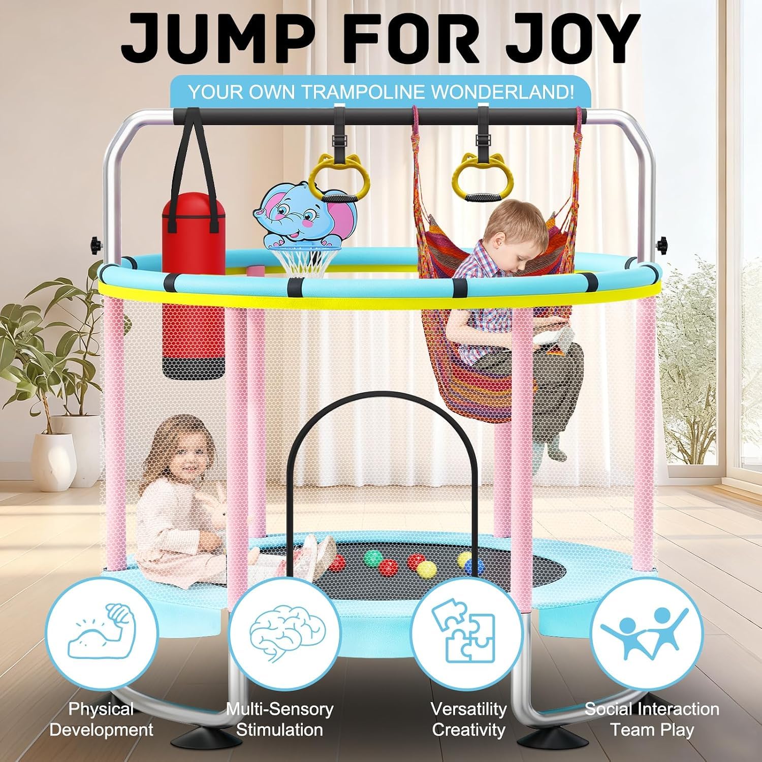 Trampolina dla małych dzieci 60", do użytku wewnątrz i na zewnątrz, z siatką zabezpieczającą, obciążenie do 200 kg, drążek gimnastyczny z regulacją wysokości, zabawka dla chłopców i dziewczynek
