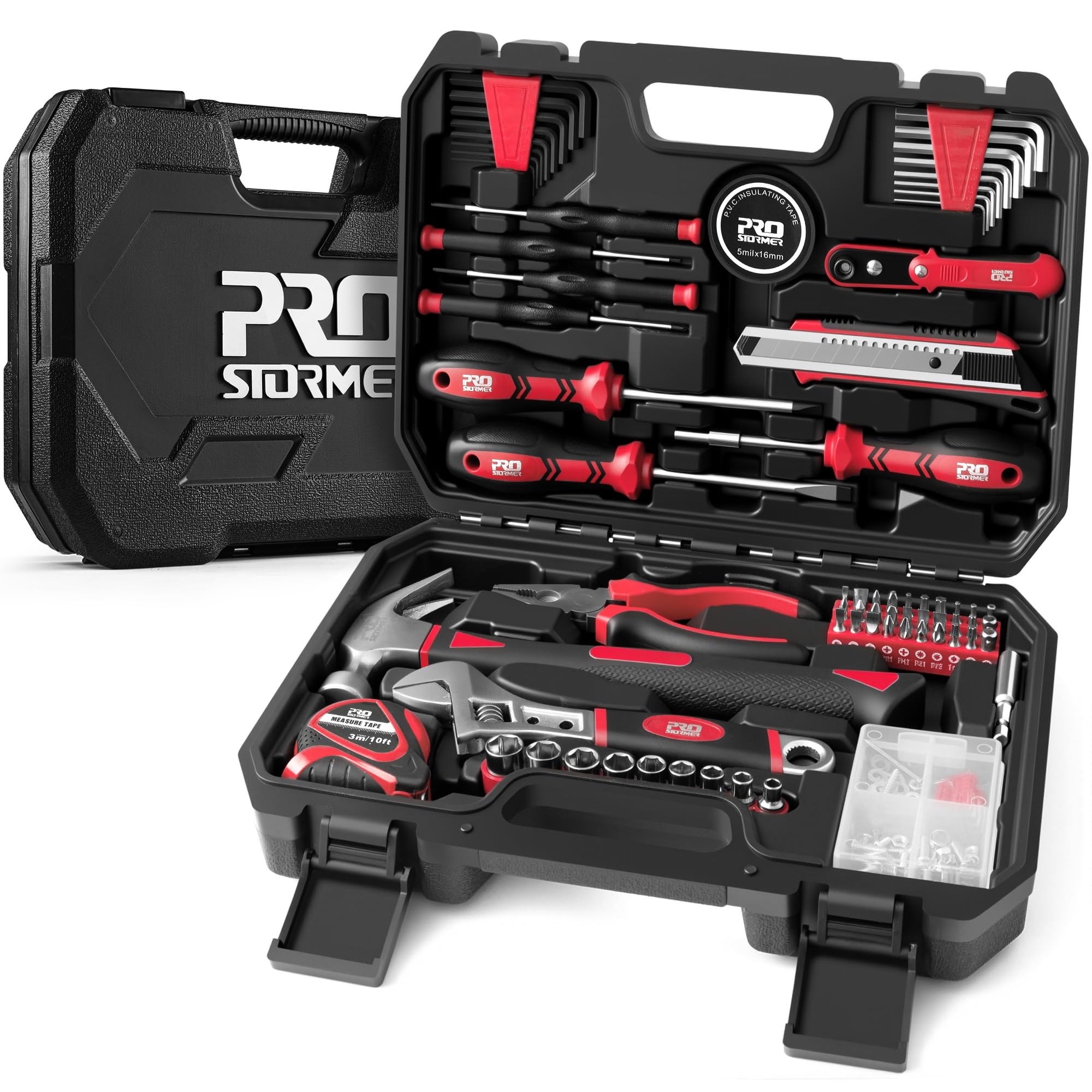 Prostormer 160-Piece Home Repair Tool Set, General Household Hand Tool Kit with Toolbox Storage Case for House, Garage, College Dorm and Office (Red)