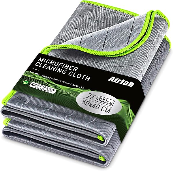 Airlab Microfibre Cloths for Car Motorcycles, 50 x 40 cm, 400 GSM Quick Wash, Dries, Streak-free, Dust-Absorbent, Polishing Pads, 2 x Glass Cleaning Cloths, Cleaning Cloths for Interior Exterior - 1