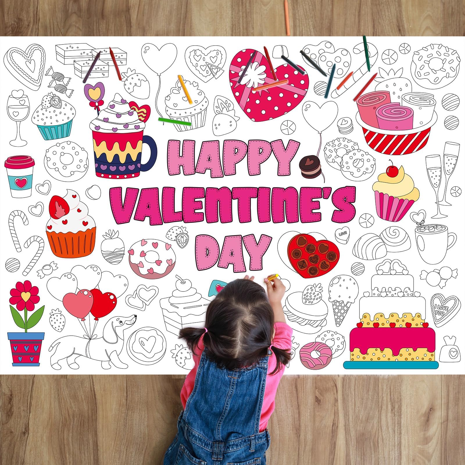 (DESIGN MAY VERY) Valentine's Day Coloring Poster for Kids Jumbo Valentines Dessert Coloring Tablecloth Sweet Treat Coloring Book Happy Valentine's Day Coloring Craft Wall Decor Home Classroom Party Supplies