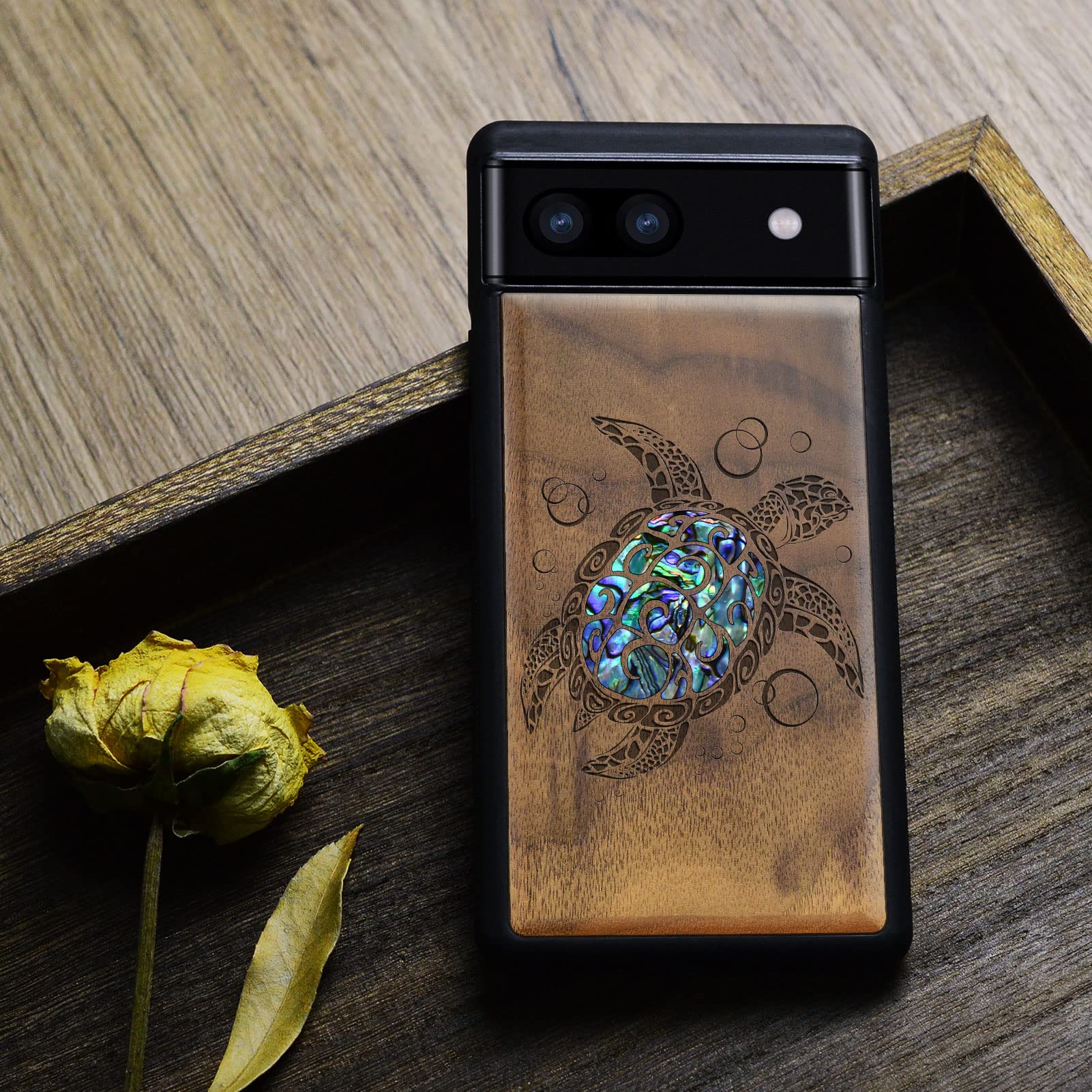 Carveit Funda Protectora De Madera De Diseñador Para Google Pixel 6a, Grabado En Madera E Incrustaciones De Concha, Funda De Madera única Compatible Con Pixel 6a (Thors Hammer-Rosy