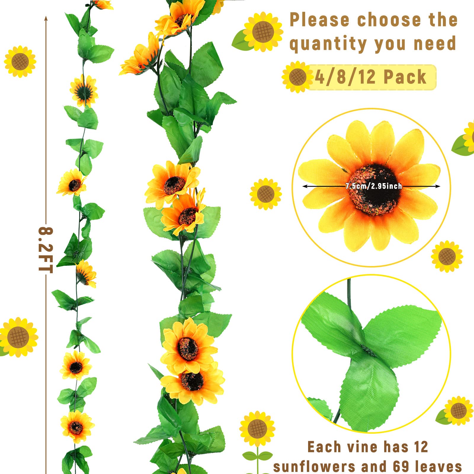 Ghirlanda di girasole artificiale da 10 m con 120 LED con viti finte a forma di girasole in seta, con luci a LED da 12 m, per parete, matrimonio, camera da letto, giardino, feste, confezione da 8