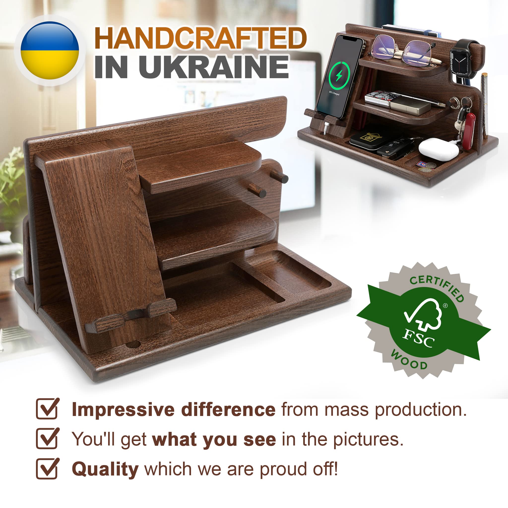 Wood Phone Docking Station Ash Key Holder Wallet Amber Stand Watch Organizer Men Husband Wife Anniversary Dad Birthday Nightstand Purse Father Graduation Male Travel Idea Gadgets Amber