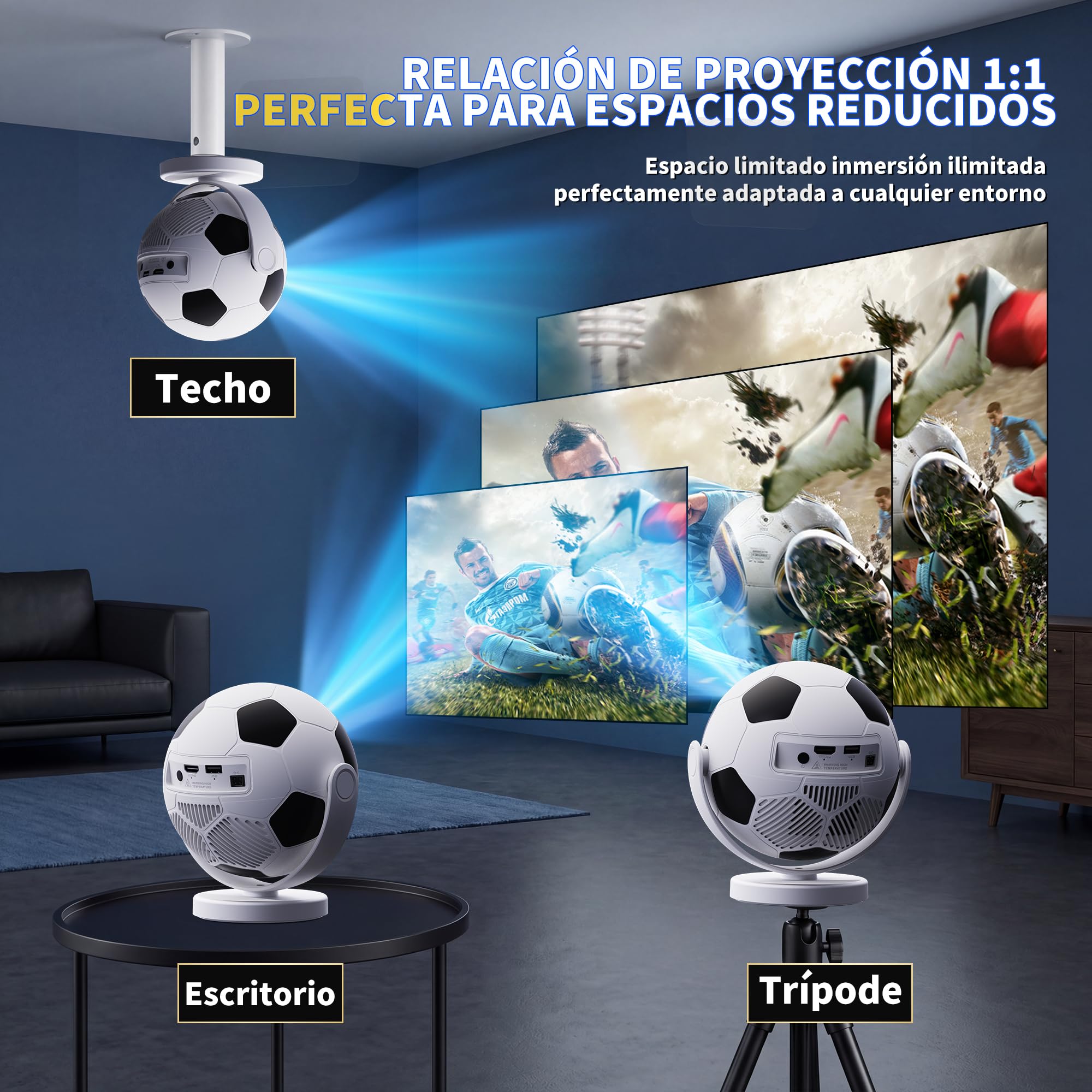 [Built-in Apps & 2026 Football Proyector] Mini Proyector Support 4K 1280P with WiFi 6 and Bluetooth 5.4, Auto Keystone 360° Rotatable Projector Portable Compatibile with HDMI/TV Stick/USB - White