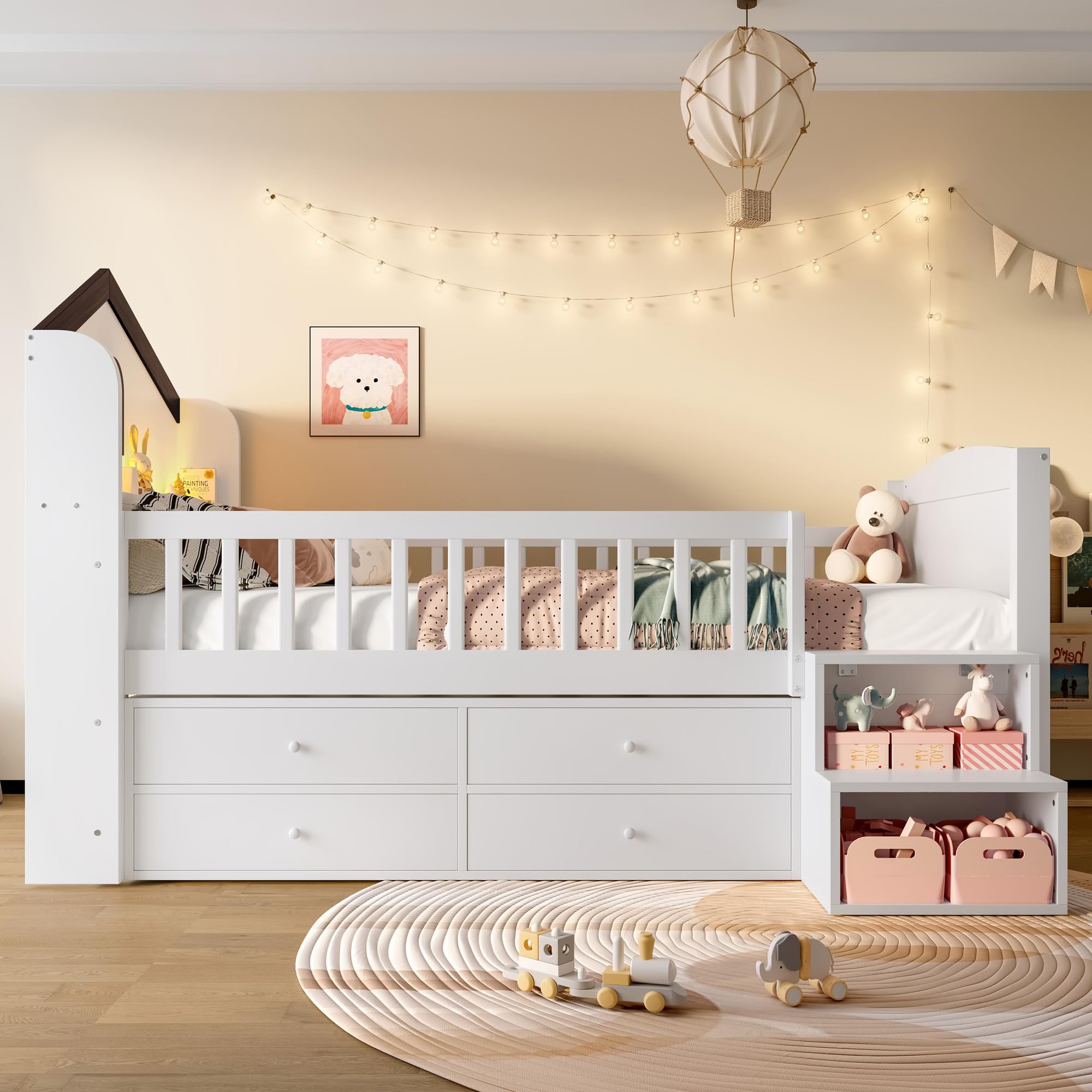 Mrwoo Kinderbett 90x200 cm mit LED-Lichtleiste und 4 Schubladen, Holzbett mit Hausform und Fenster, Stauraumbett mit Treppe Stauraum, Halbhohes Bett, Weiß(Ohne Matratze)