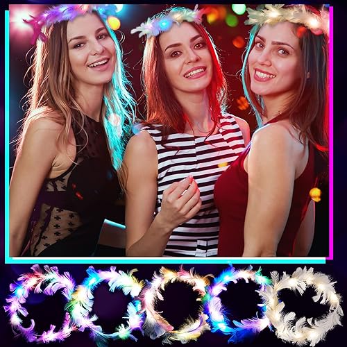 Vista 6 de Taiyin 30 diademas de plumas LED, corona de ángel iluminada, coronas de flores para mujeres, bodas, Halloween, cumpleaños, día de San Valentín