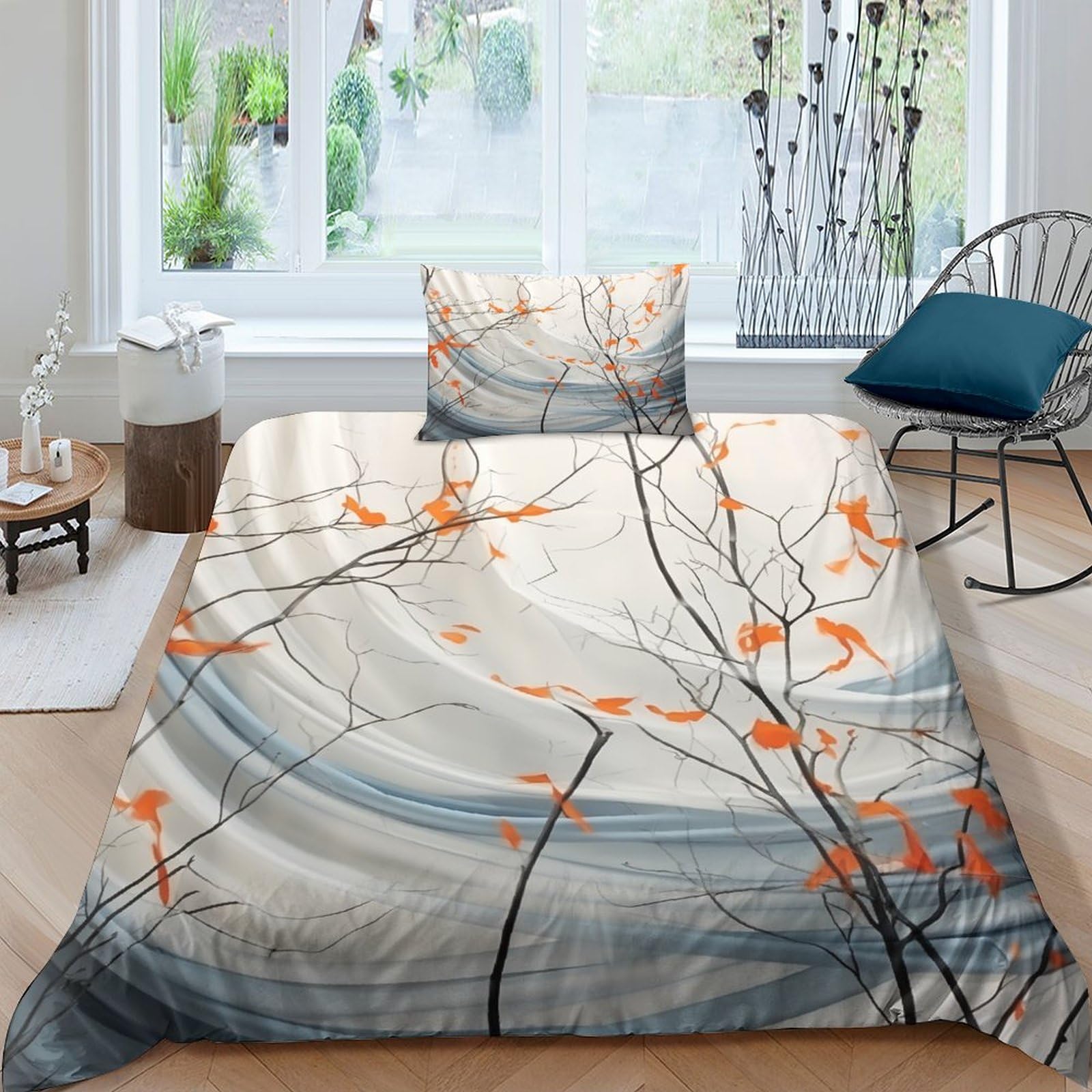 Parure de lit 3pcs gris 3D motif branche d'arbre sauvage lit une place