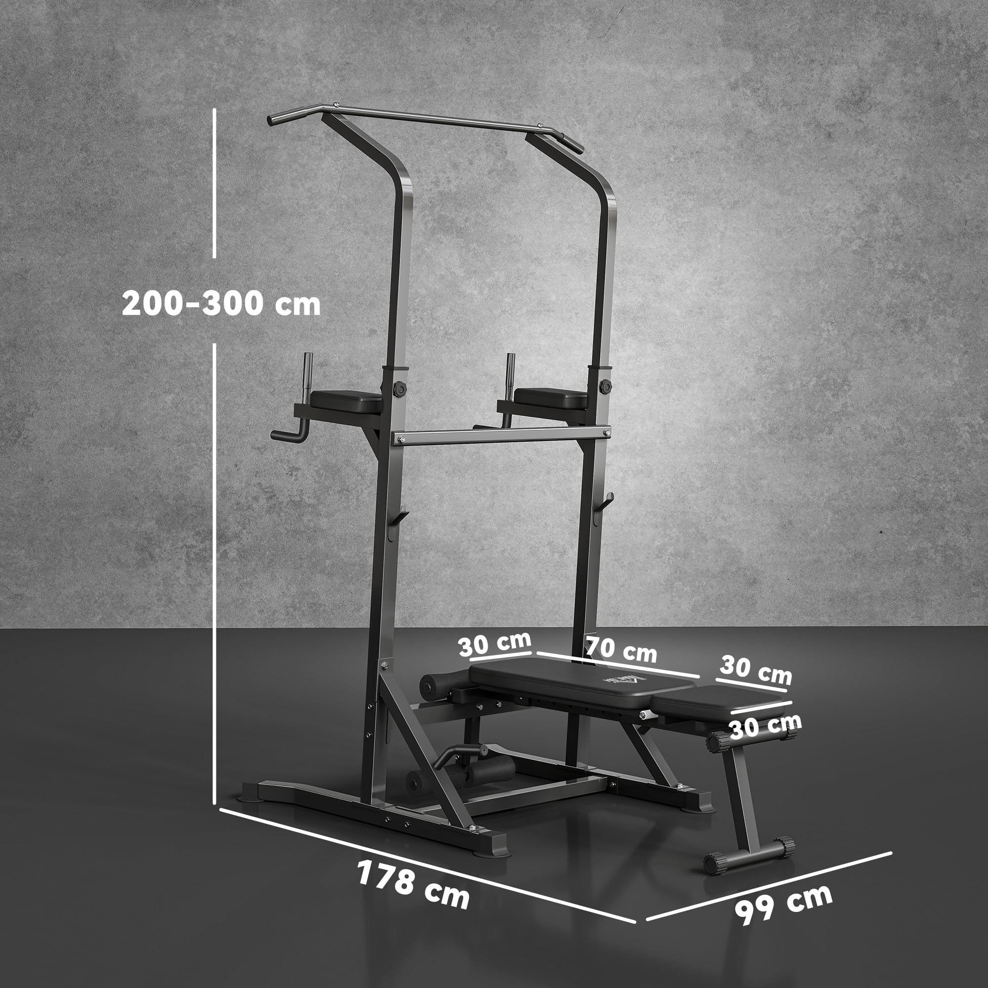 HOMCOM Estación de Musculación Torre de Entrenamiento Altura Ajustable con Barra de Dominadas y Banco Plegable para Fitness en Casa Gimnasio Carga 150 kg 99x178x230 cm Negro