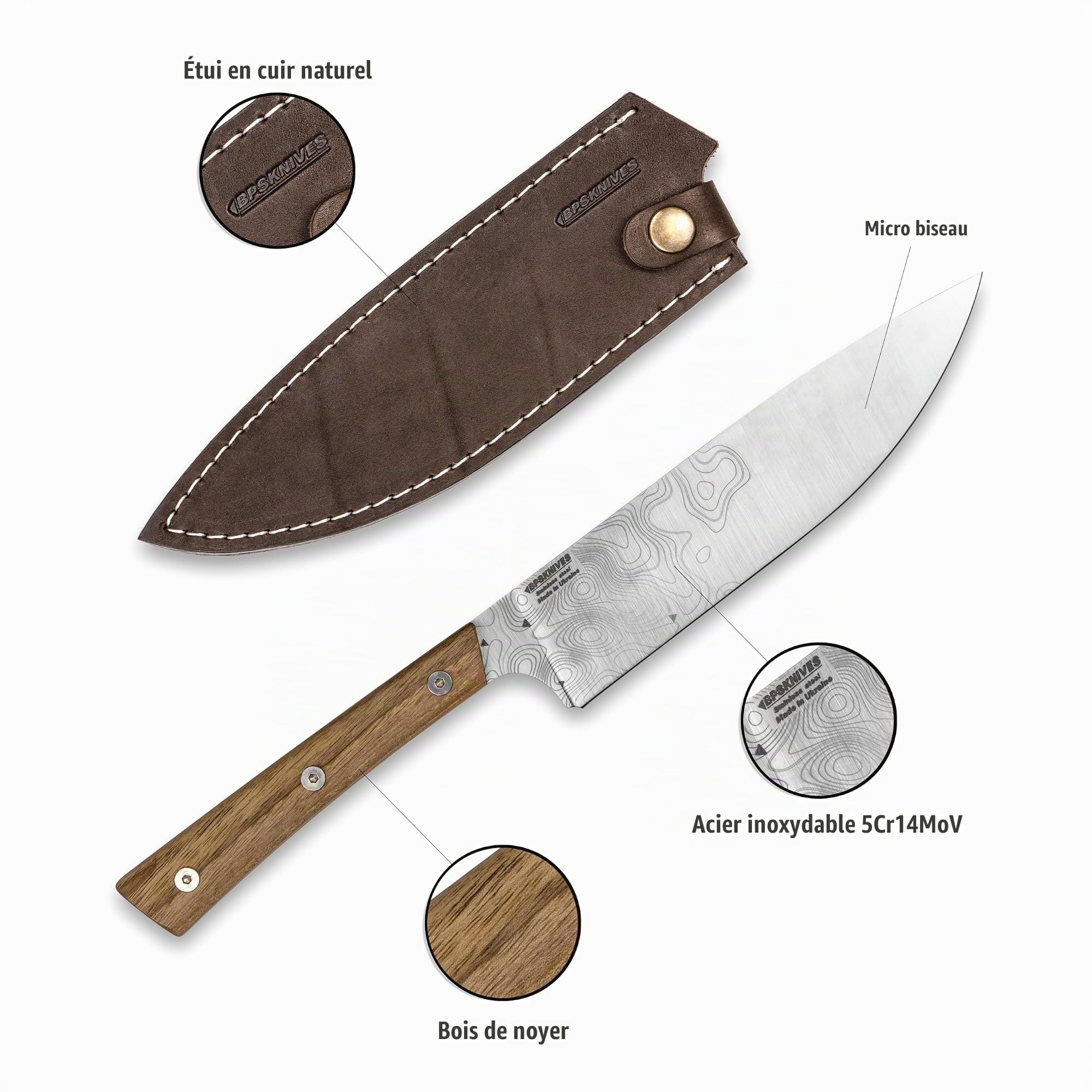BPSKNIVES Rosemary - Couteau de avec étui en cuir - Couteau de chef professionnel super tranchant de cuisine en acier inoxydable de qualité supérieure - Cadeaux pour homme
