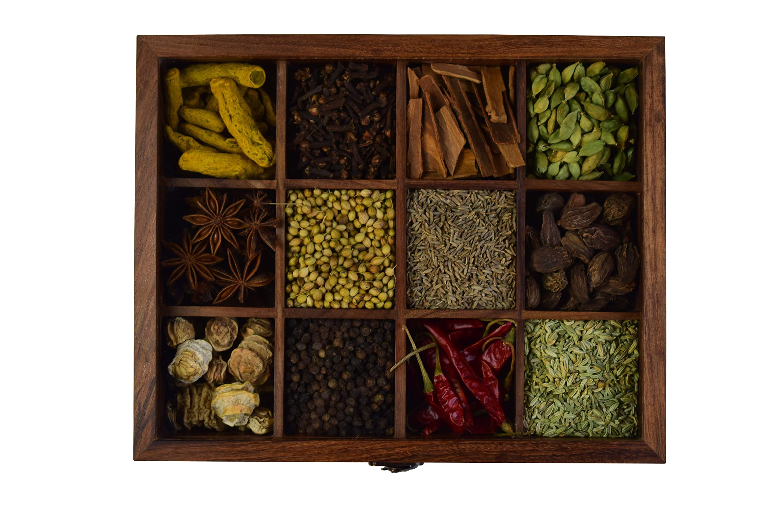Spice Box for Kitchen in Natural Wood| Wooden Masala Dani for Kitchen, Container for Kitchen Storage, Wooden Masala Box Set for Kitchen Anjarai Petti Table Top Masala Dabba 12 Non - Detachable Containers