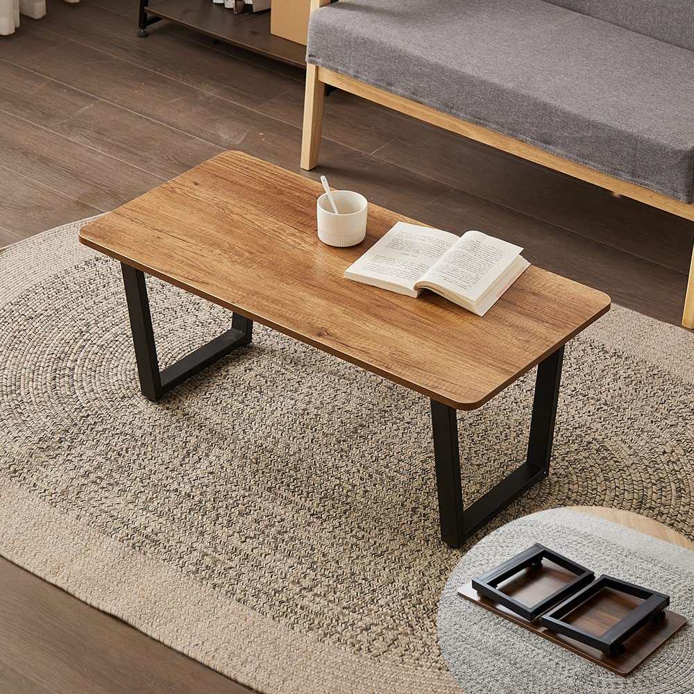 ローテーブル センターテーブル 折りたたみ テーブル 机 完成品 木目調天板 台形脚 スチール脚 アジャスター付き 北欧 ヴィンテージ 男前 おしゃれ  レトロ カフェ風 西海岸 90*45*35cm (アンティーク ブラウン)