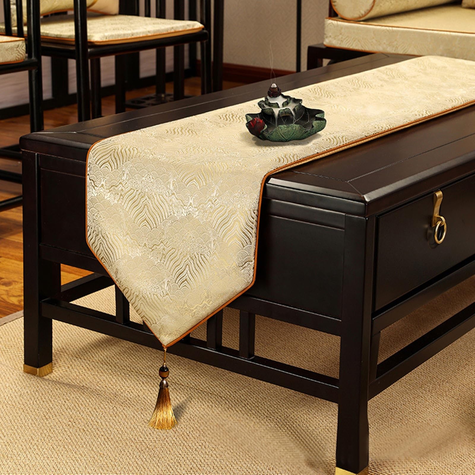 Beige Gelb Tischläufer Polyester, Dekostoff Tischläufer Abwaschbar Jacquard Raute Fischschuppen Muster mit Quasten Tischdecke für Küche Esstisch Dekor, 33x200 cm, Beige Gelb