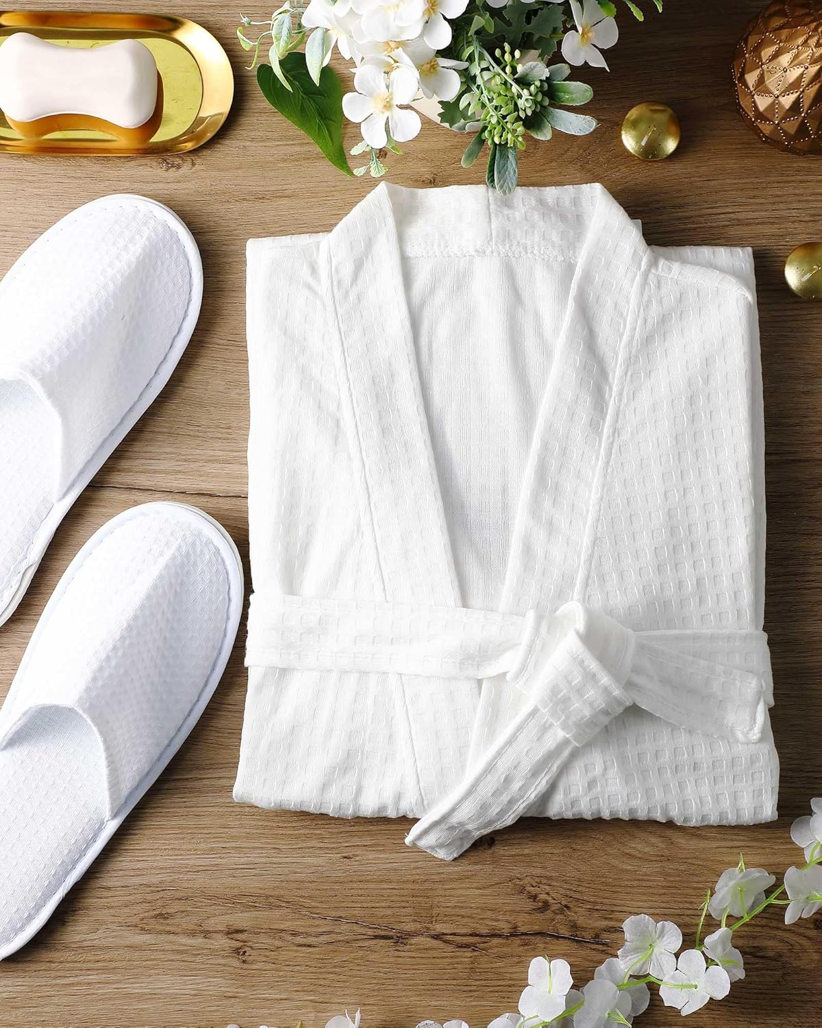 Jecery Waffle Bathrobe and Slippers Bulk Set Spa Robes Hotel Bath Lightweight Thin Commercial Soft for House Shower Party - Image 6