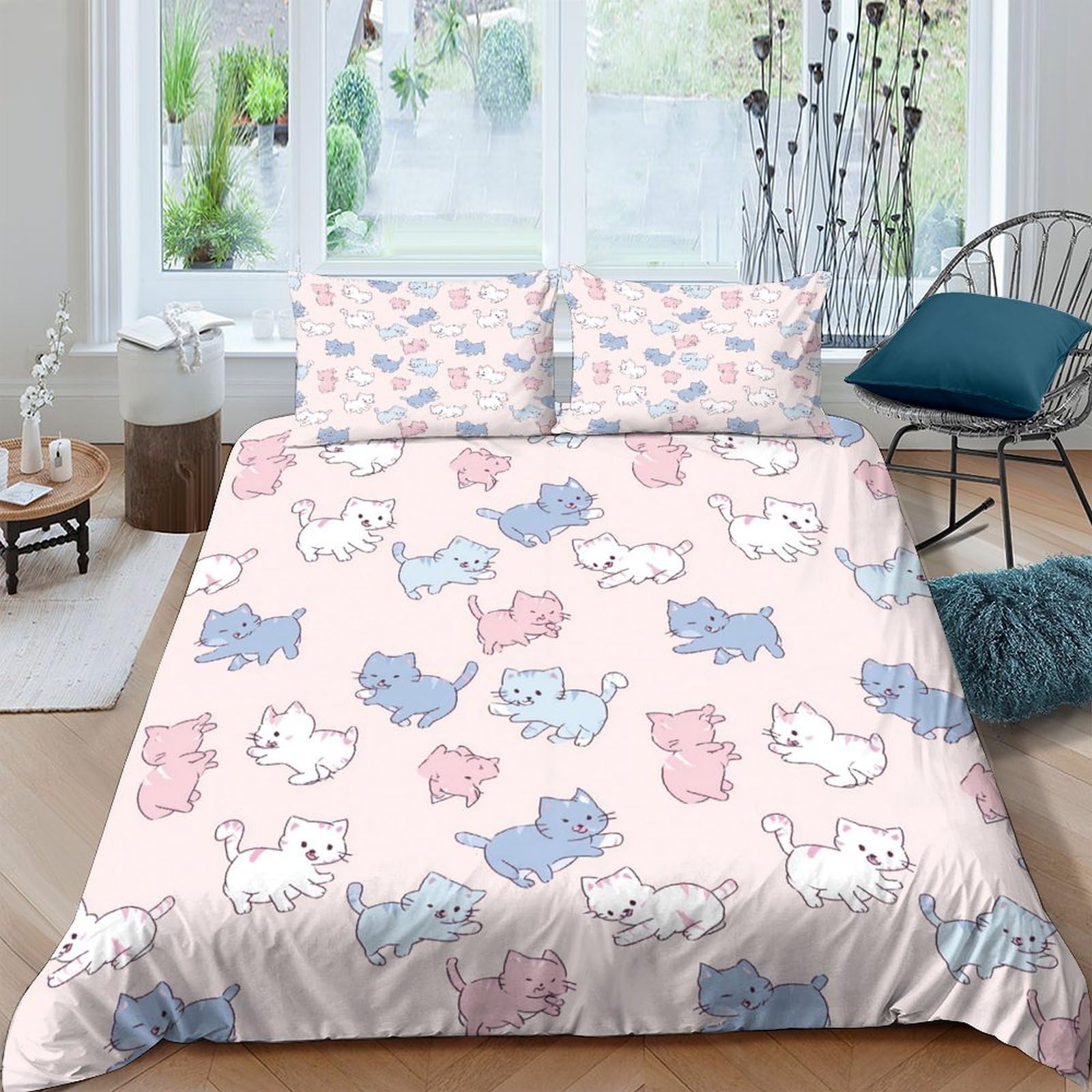 GPLZQXKJNH 3D Printed Cartoon Cat Duvet Cover Microfiber Soft Pastel Animal Bedding Set with 2 Pillowcases for Bedroom Decor Single（135x200cm）