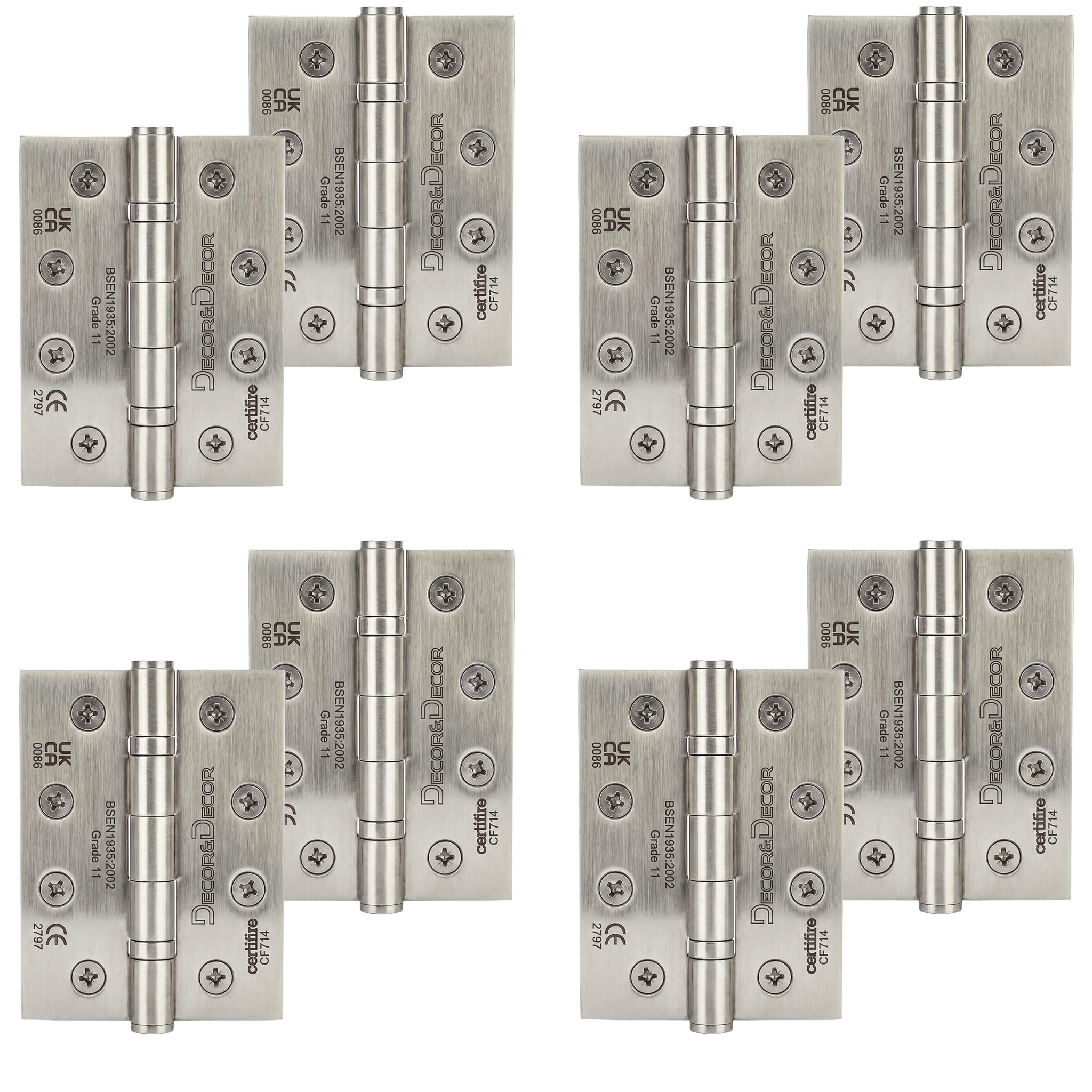 Decoranddecor Door Hinges Internal - Fire Rated - 4 inches (102 mm) - Ball Bearing - Steel - Satin Nickel - 4 Pairs