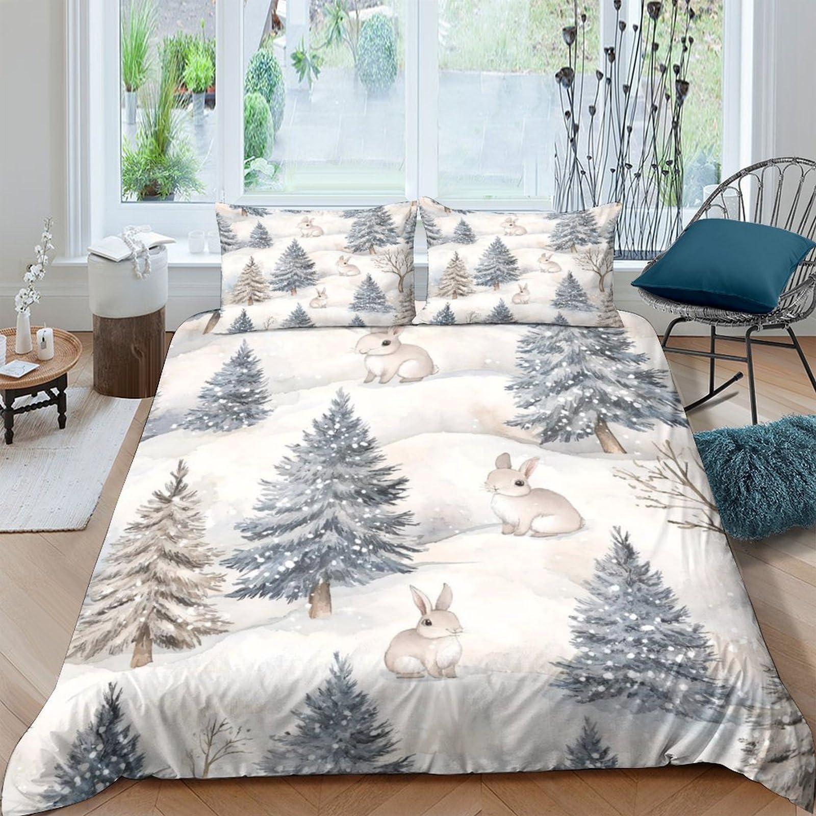 Ctjqhvkz Style-5 3D Printed Winter Forest Fitted Sheet Microfiber Soft Breathable Snow Rabbit Mattress Cover For Bedroom Guestroom Decor Single（135X200cm）